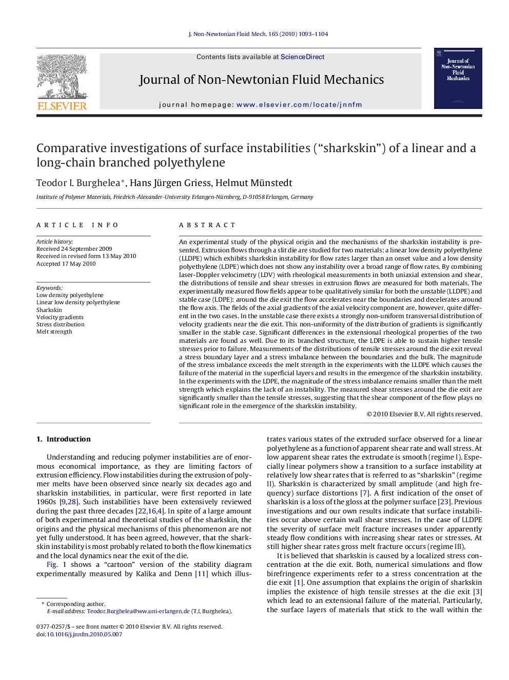 Comparative investigations of surface instabilities (“sharkskin”) of a linear and a long-chain branched polyethylene