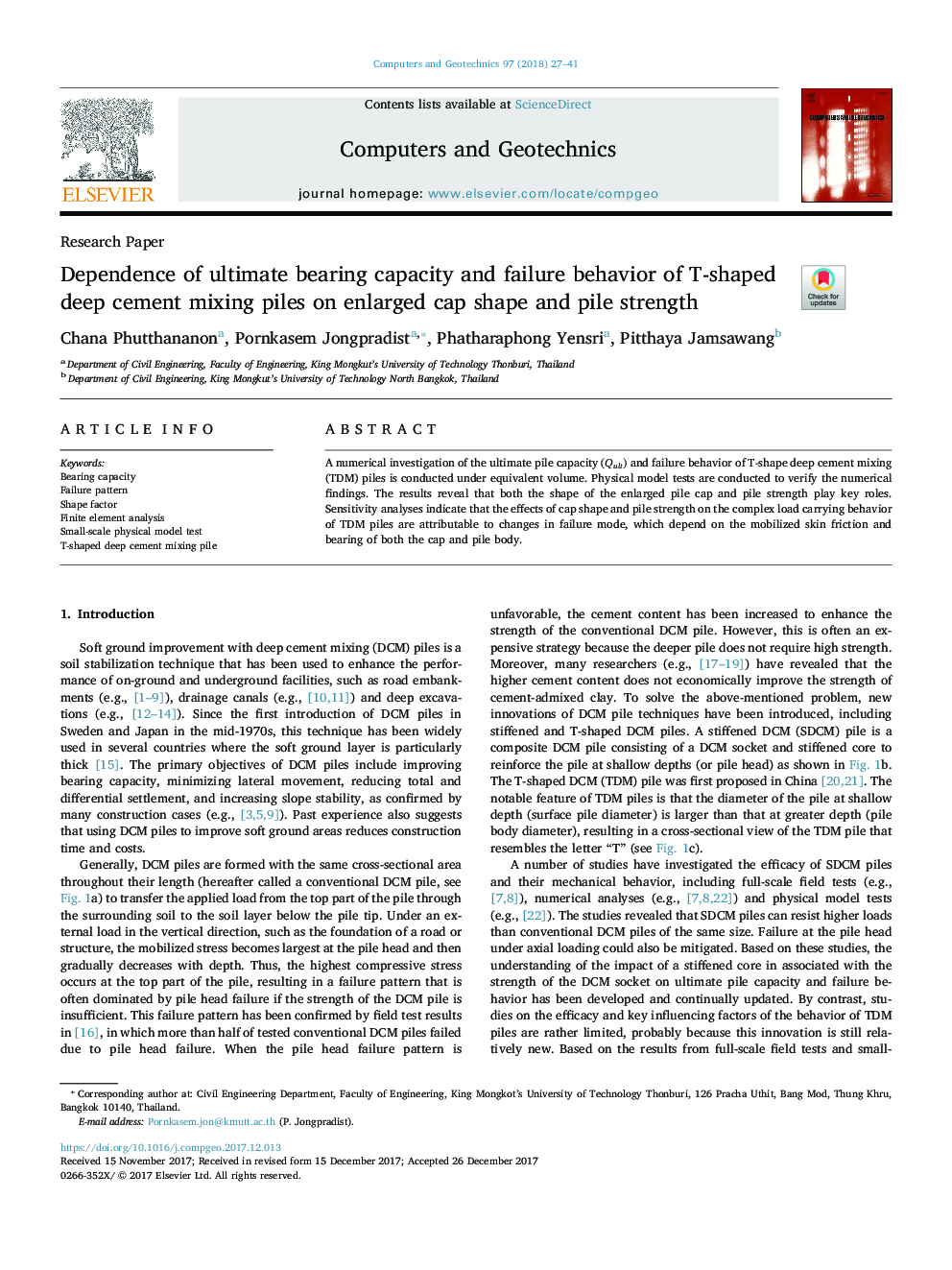 Dependence of ultimate bearing capacity and failure behavior of T-shaped deep cement mixing piles on enlarged cap shape and pile strength