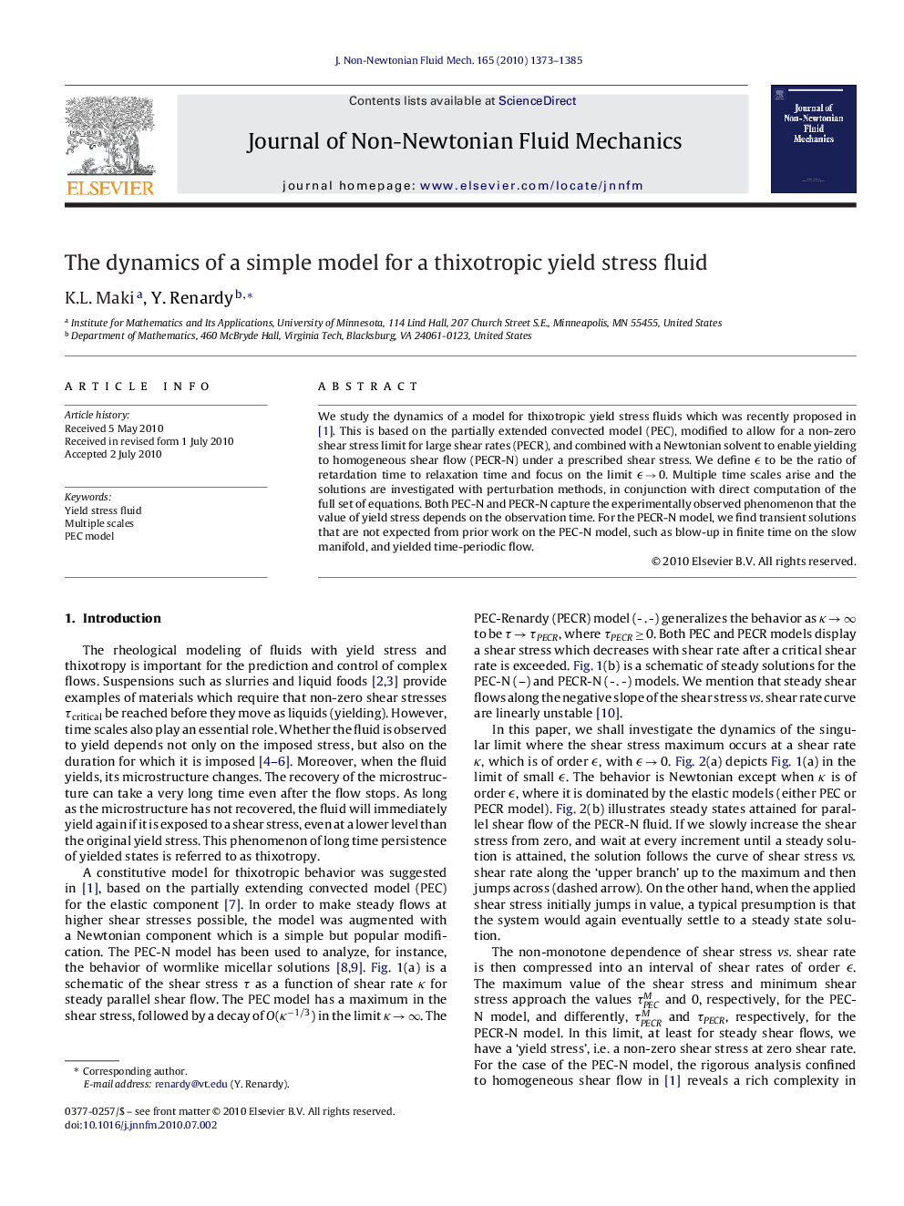 The dynamics of a simple model for a thixotropic yield stress fluid