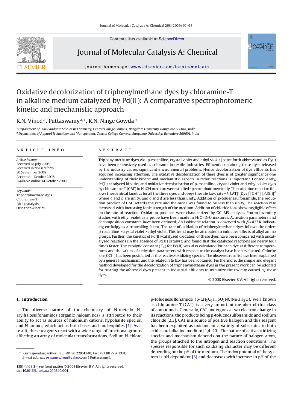 Oxidative decolorization of triphenylmethane dyes by chloramine-T in alkaline medium catalyzed by Pd(II): A comparative spectrophotomeric kinetic and mechanistic approach