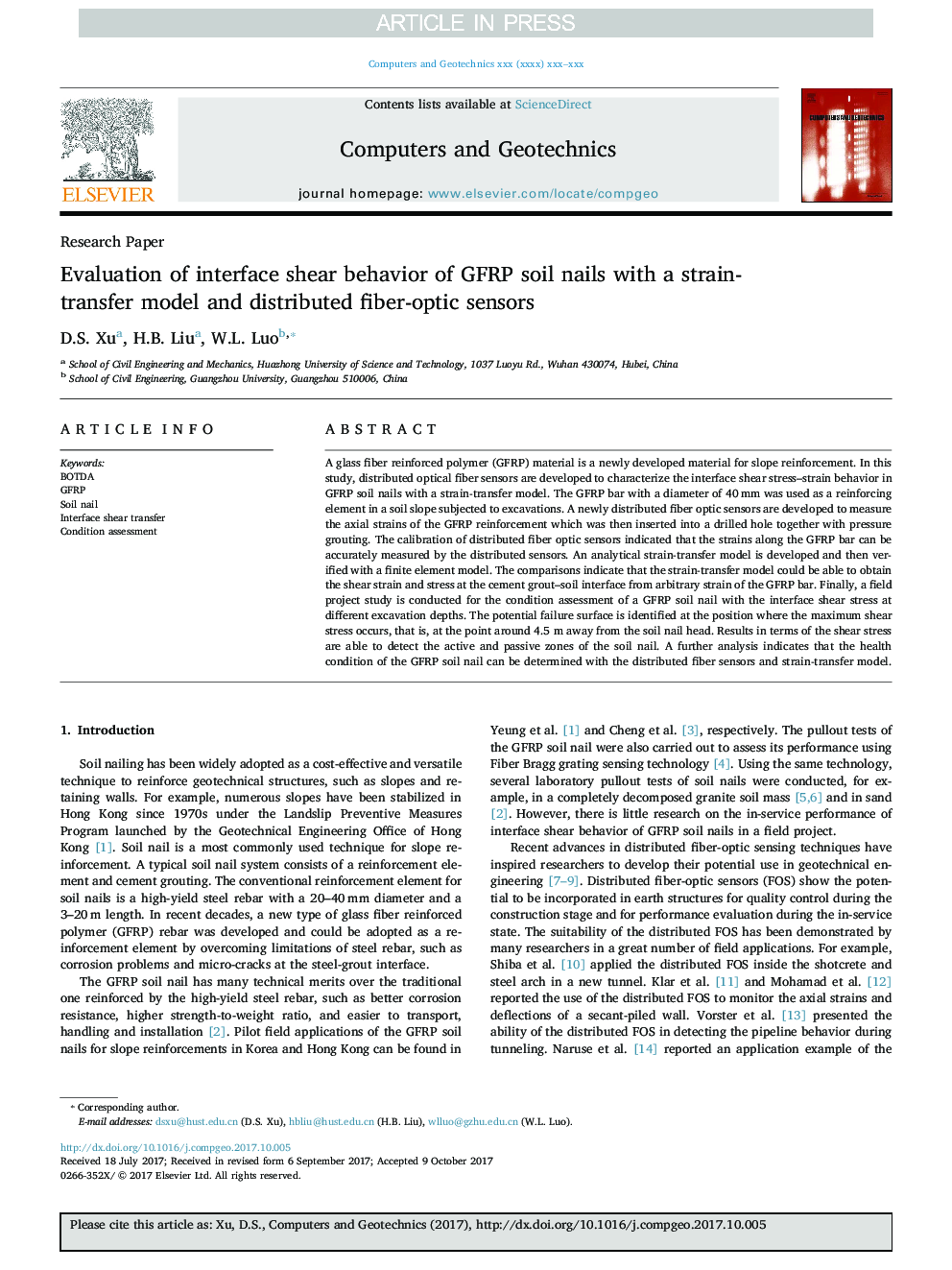 Evaluation of interface shear behavior of GFRP soil nails with a strain-transfer model and distributed fiber-optic sensors