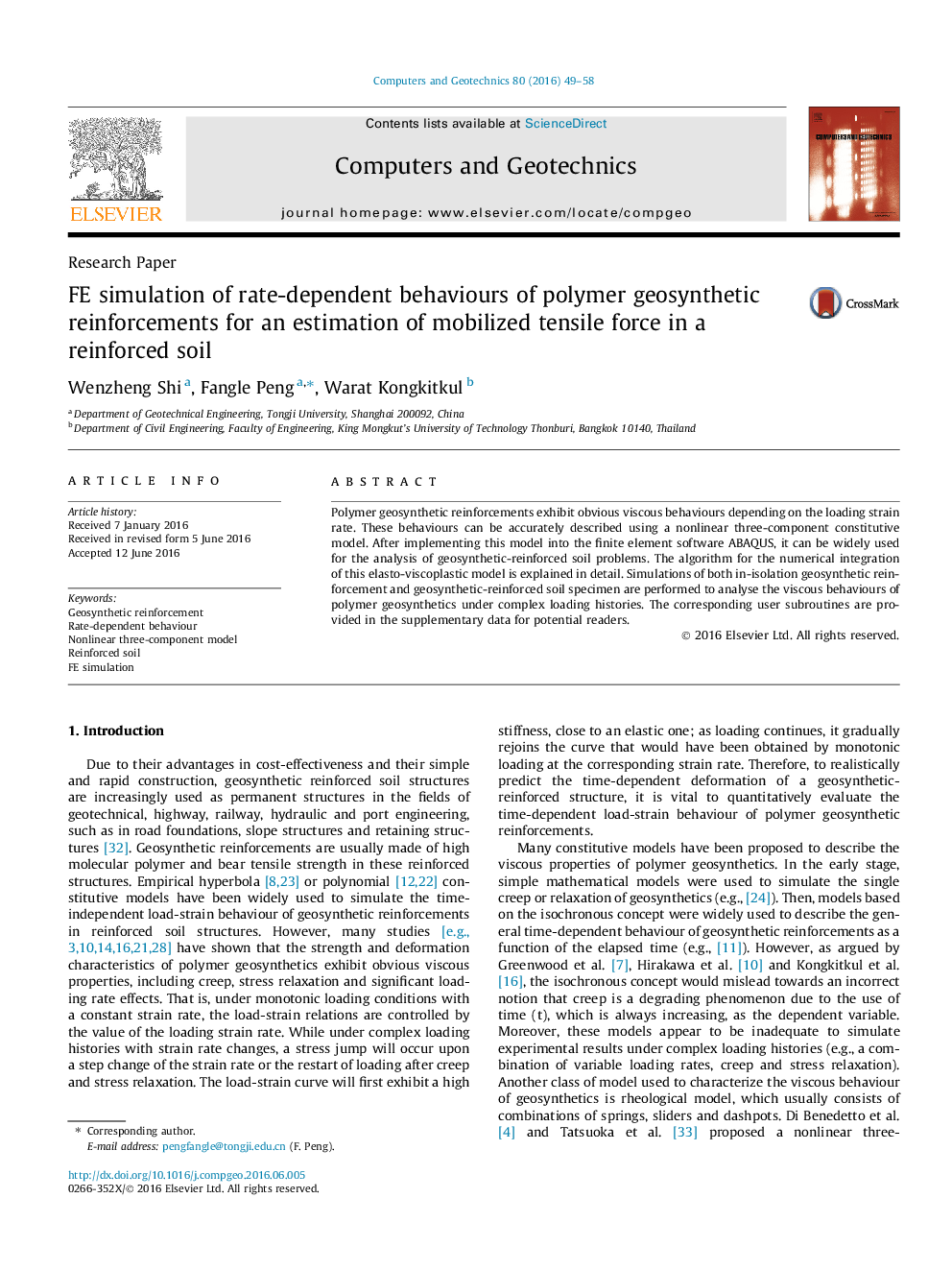 FE simulation of rate-dependent behaviours of polymer geosynthetic reinforcements for an estimation of mobilized tensile force in a reinforced soil