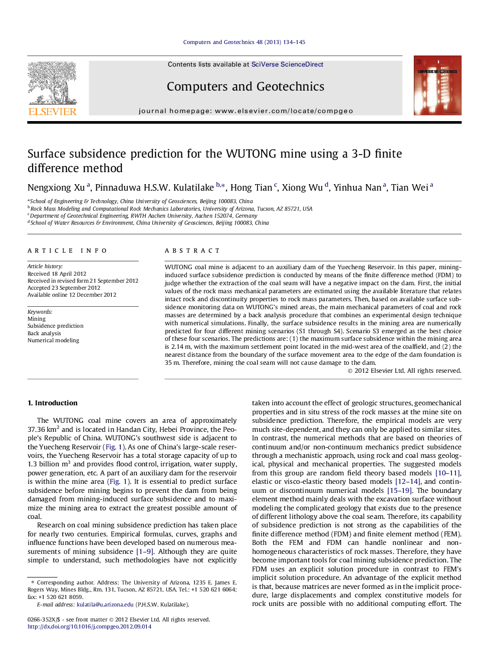 Surface subsidence prediction for the WUTONG mine using a 3-D finite difference method