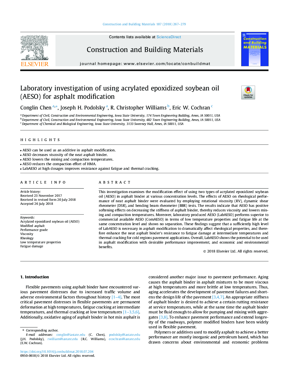 Laboratory investigation of using acrylated epoxidized soybean oil (AESO) for asphalt modification