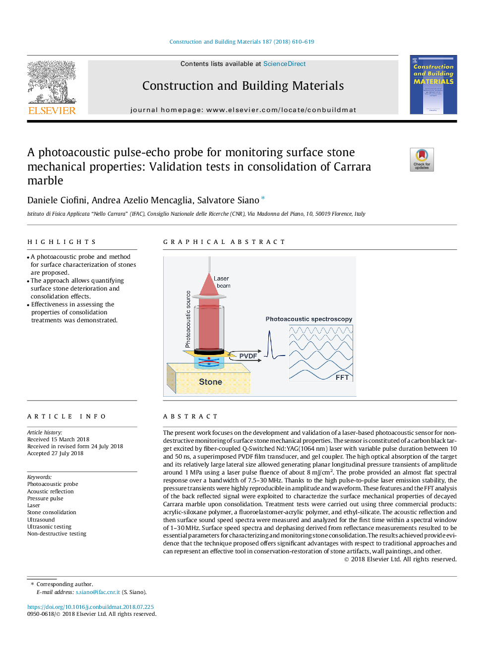 A photoacoustic pulse-echo probe for monitoring surface stone mechanical properties: Validation tests in consolidation of Carrara marble