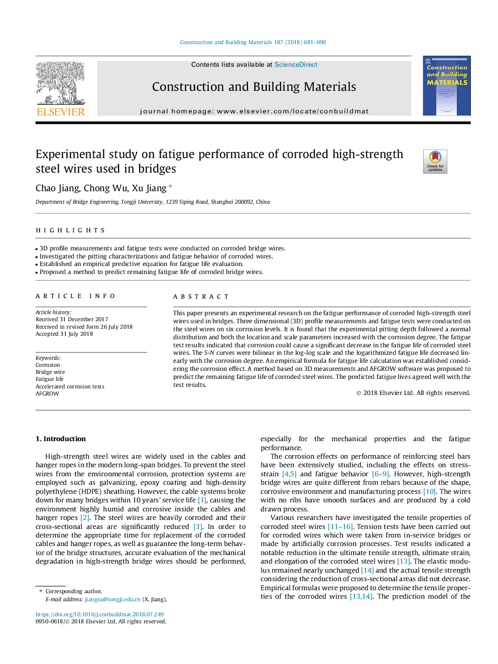 Experimental study on fatigue performance of corroded high-strength steel wires used in bridges