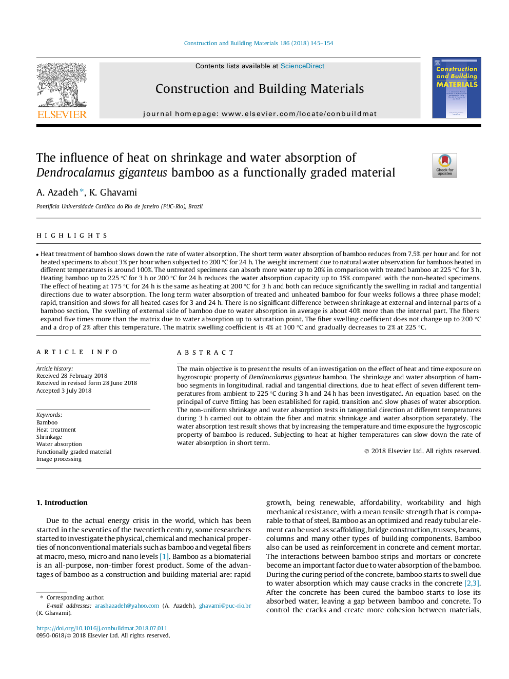 The influence of heat on shrinkage and water absorption of Dendrocalamus giganteus bamboo as a functionally graded material