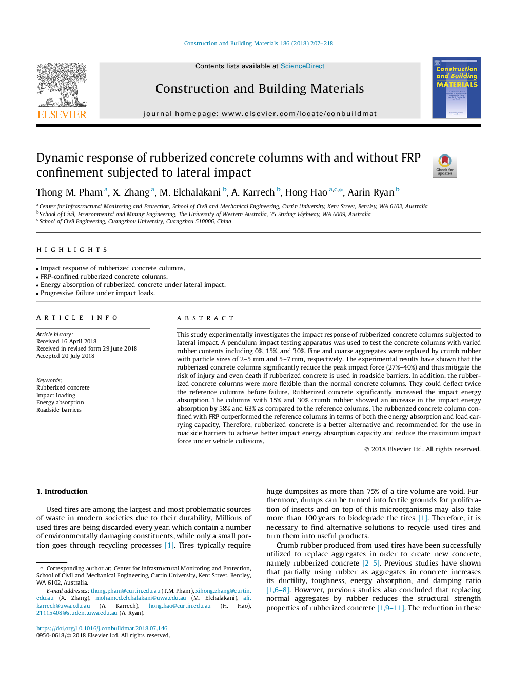 Dynamic response of rubberized concrete columns with and without FRP confinement subjected to lateral impact