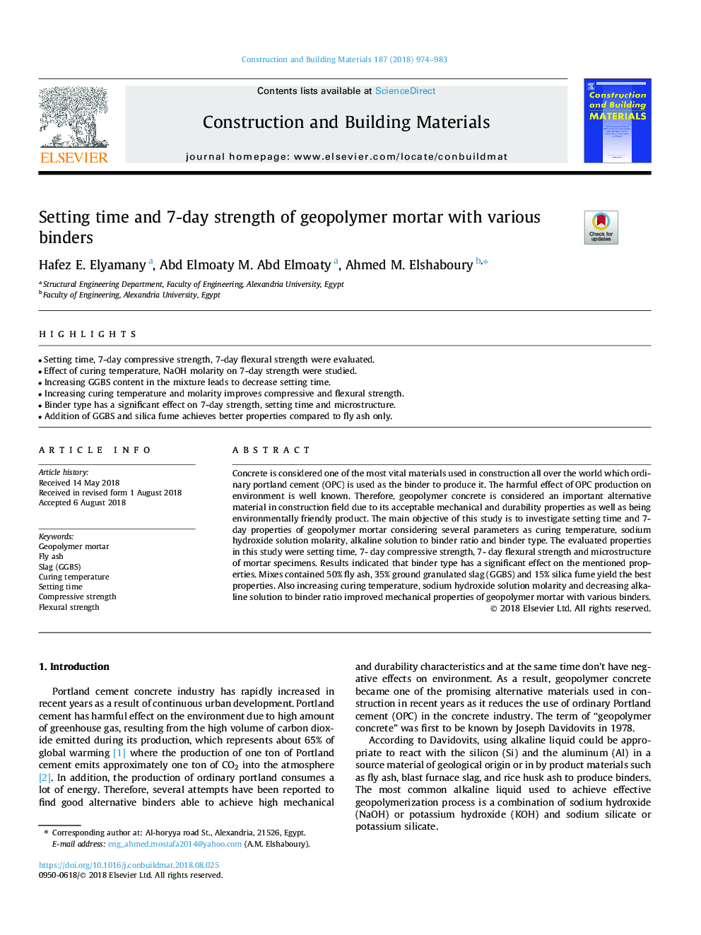 Setting time and 7-day strength of geopolymer mortar with various binders