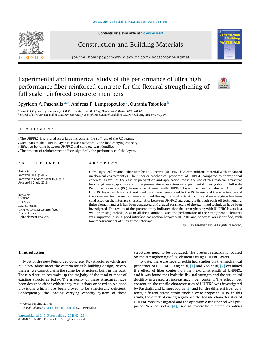 Experimental and numerical study of the performance of ultra high performance fiber reinforced concrete for the flexural strengthening of full scale reinforced concrete members