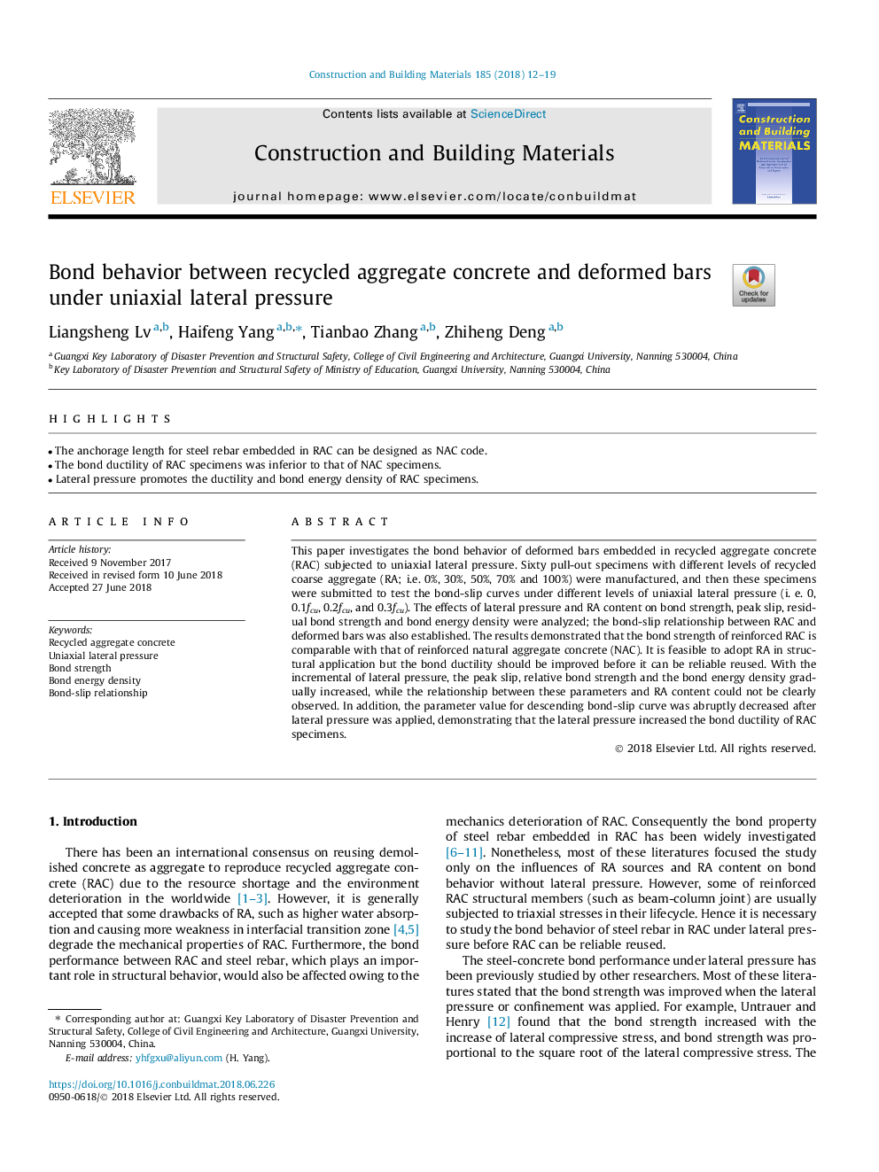 Bond behavior between recycled aggregate concrete and deformed bars under uniaxial lateral pressure