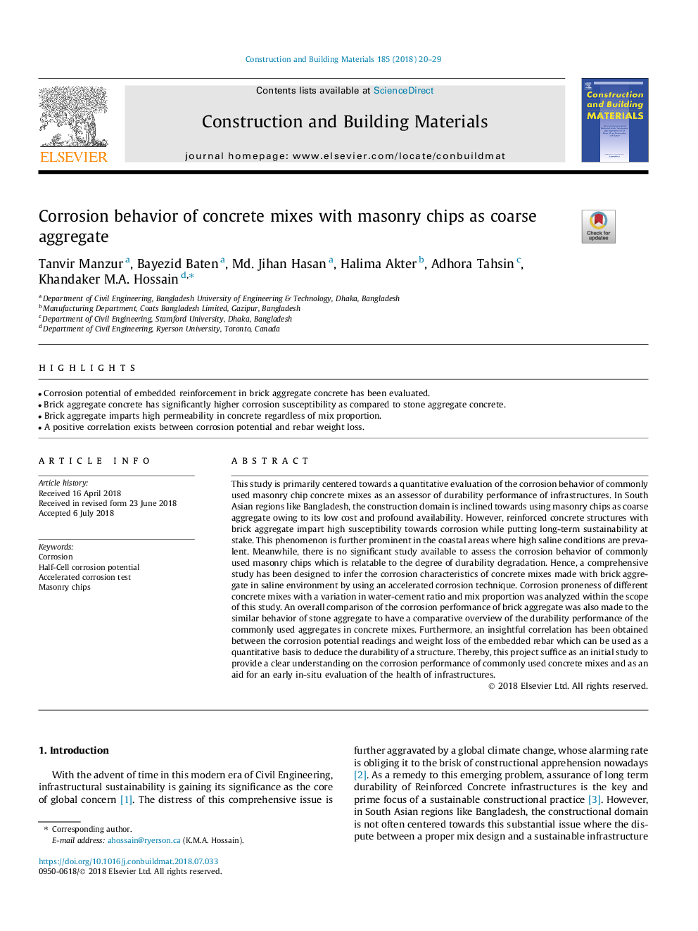 Corrosion behavior of concrete mixes with masonry chips as coarse aggregate