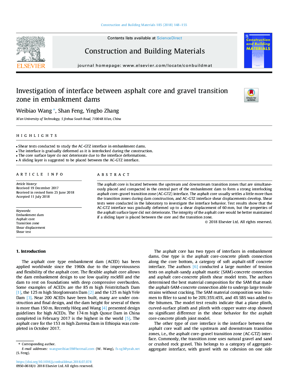 Investigation of interface between asphalt core and gravel transition zone in embankment dams