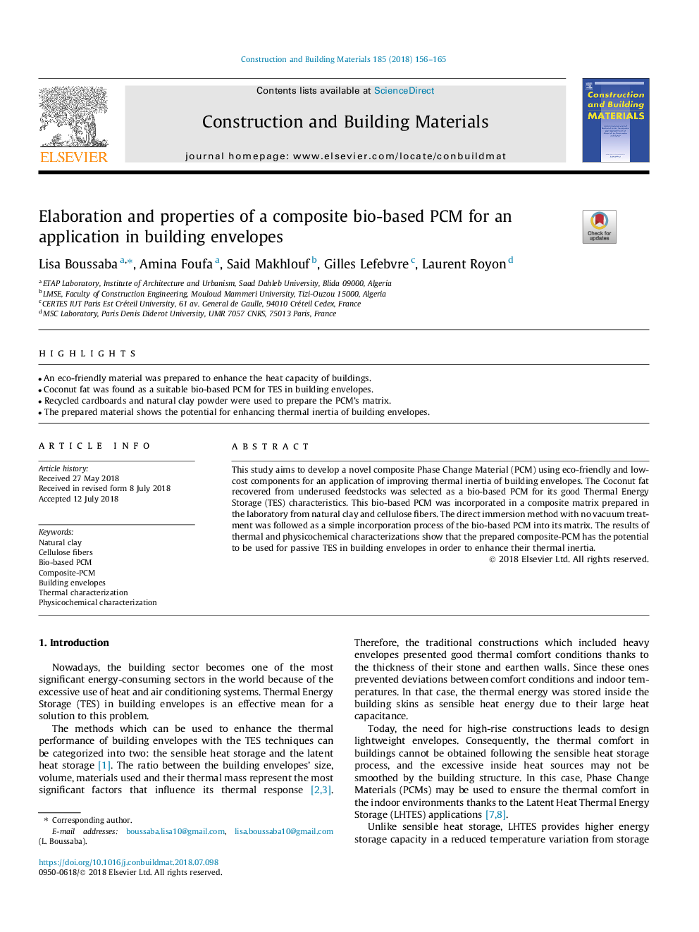 Elaboration and properties of a composite bio-based PCM for an application in building envelopes