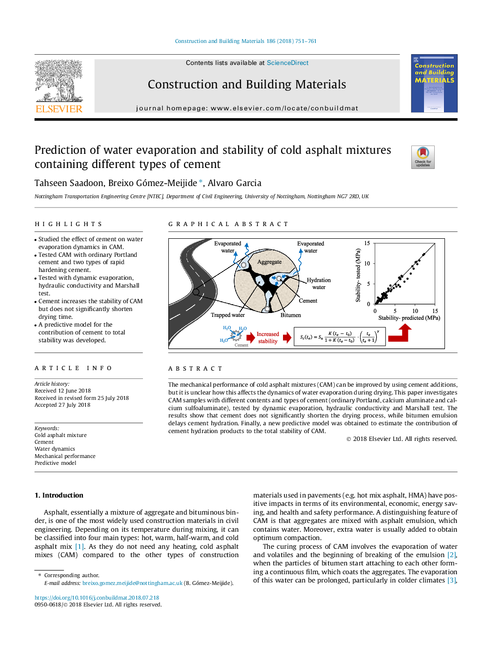 Prediction of water evaporation and stability of cold asphalt mixtures containing different types of cement