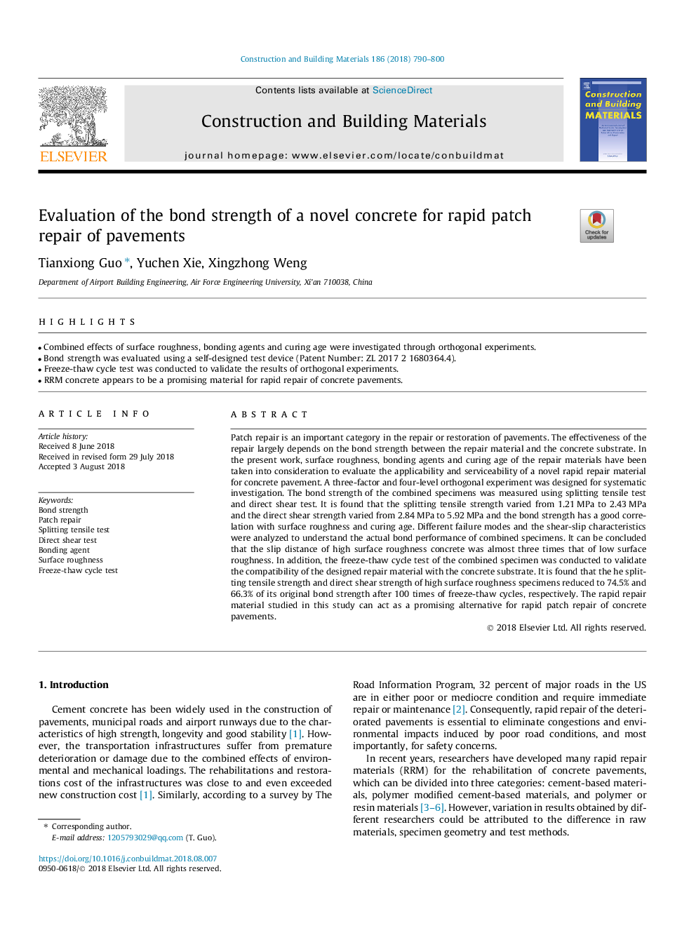 Evaluation of the bond strength of a novel concrete for rapid patch repair of pavements