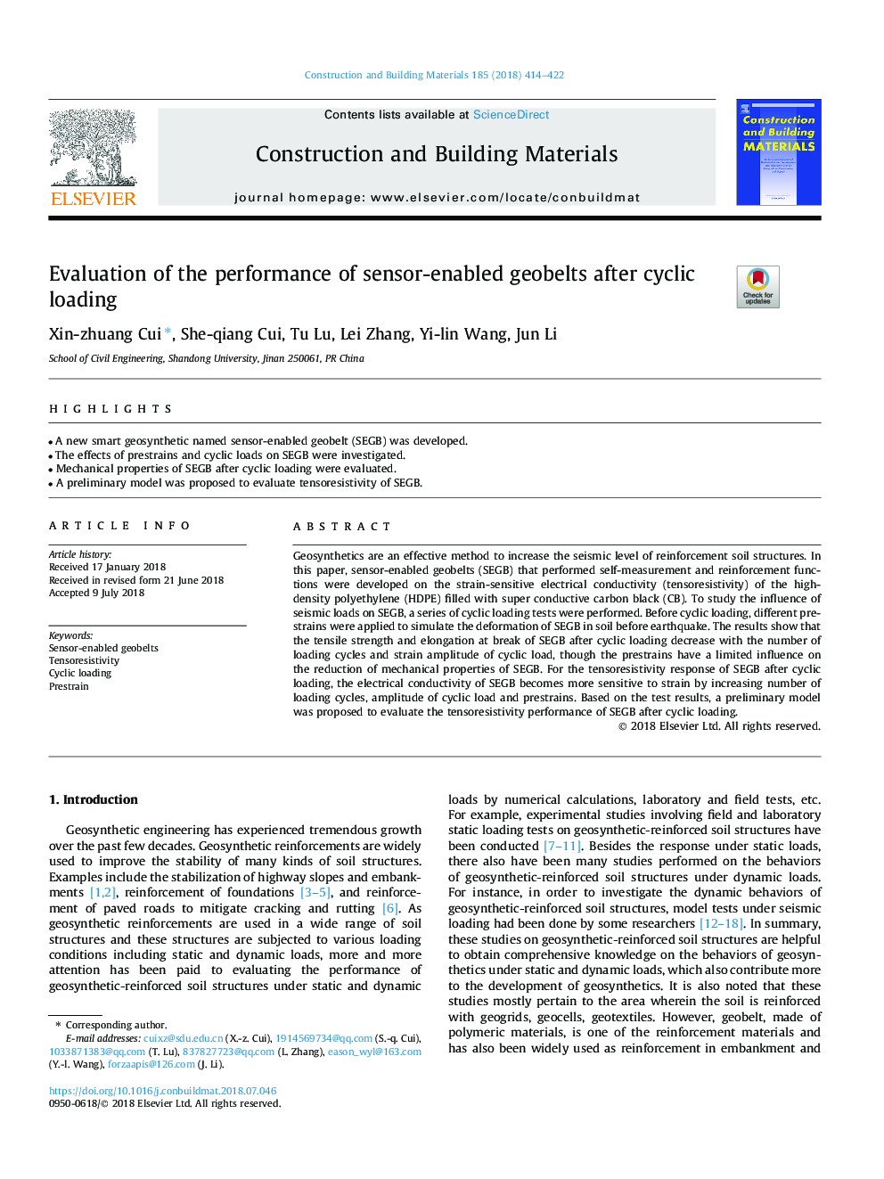 Evaluation of the performance of sensor-enabled geobelts after cyclic loading