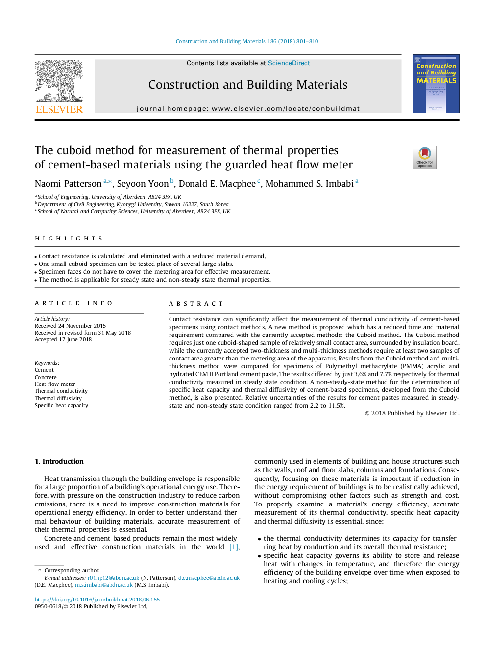 The cuboid method for measurement of thermal properties of cement-based materials using the guarded heat flow meter