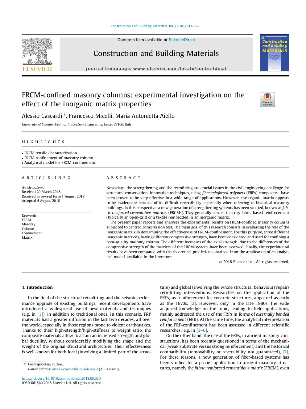 FRCM-confined masonry columns: experimental investigation on the effect of the inorganic matrix properties