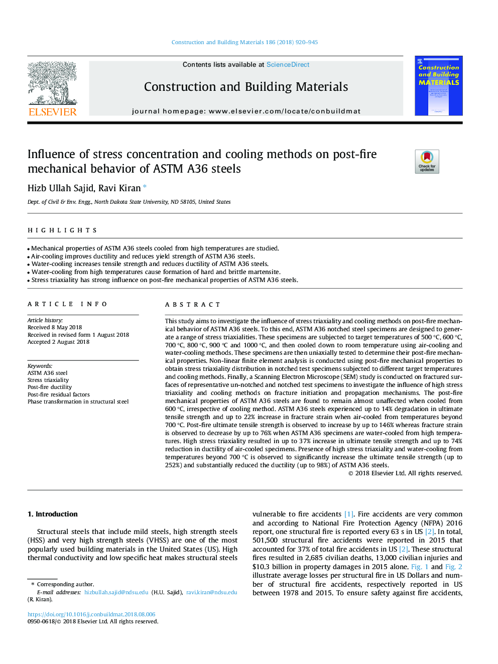 Influence of stress concentration and cooling methods on post-fire mechanical behavior of ASTM A36 steels