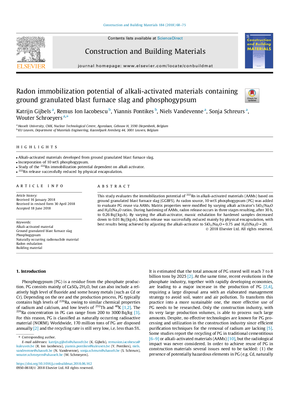 Radon immobilization potential of alkali-activated materials containing ground granulated blast furnace slag and phosphogypsum