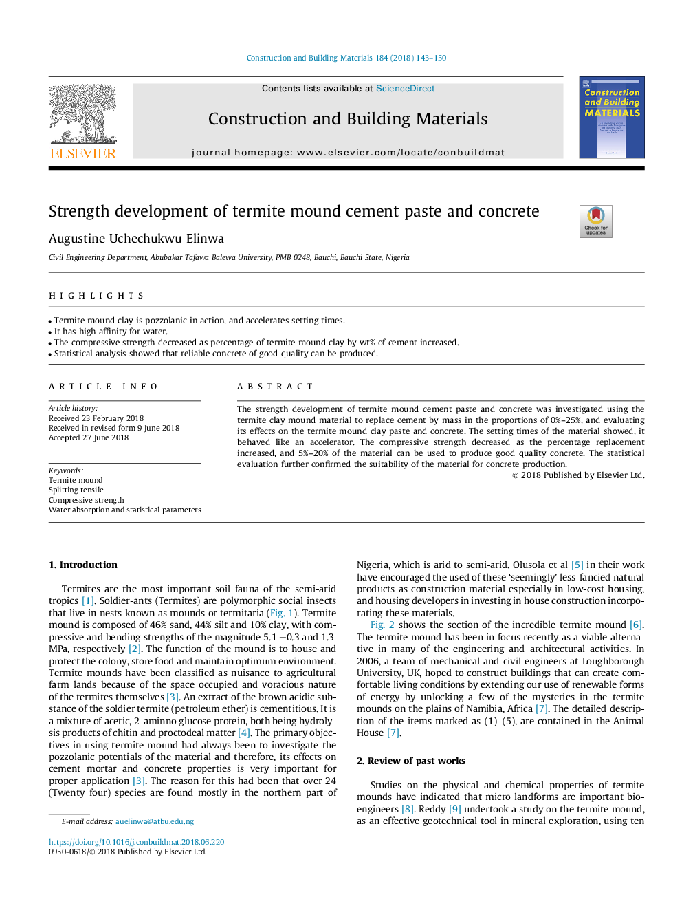 Strength development of termite mound cement paste and concrete