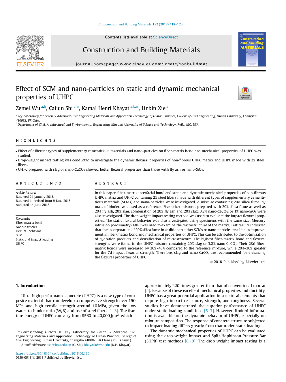 Effect of SCM and nano-particles on static and dynamic mechanical properties of UHPC