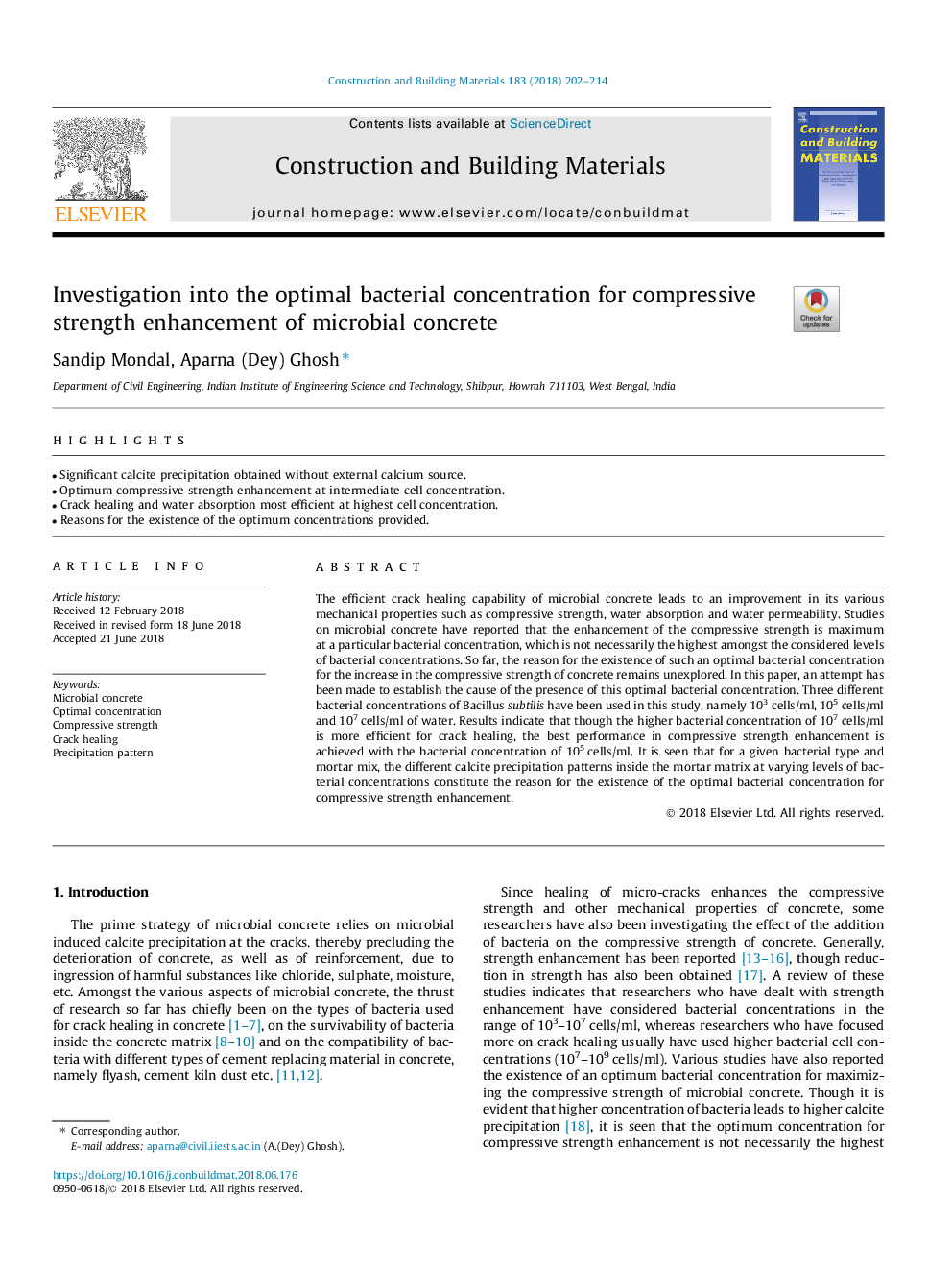 Investigation into the optimal bacterial concentration for compressive strength enhancement of microbial concrete