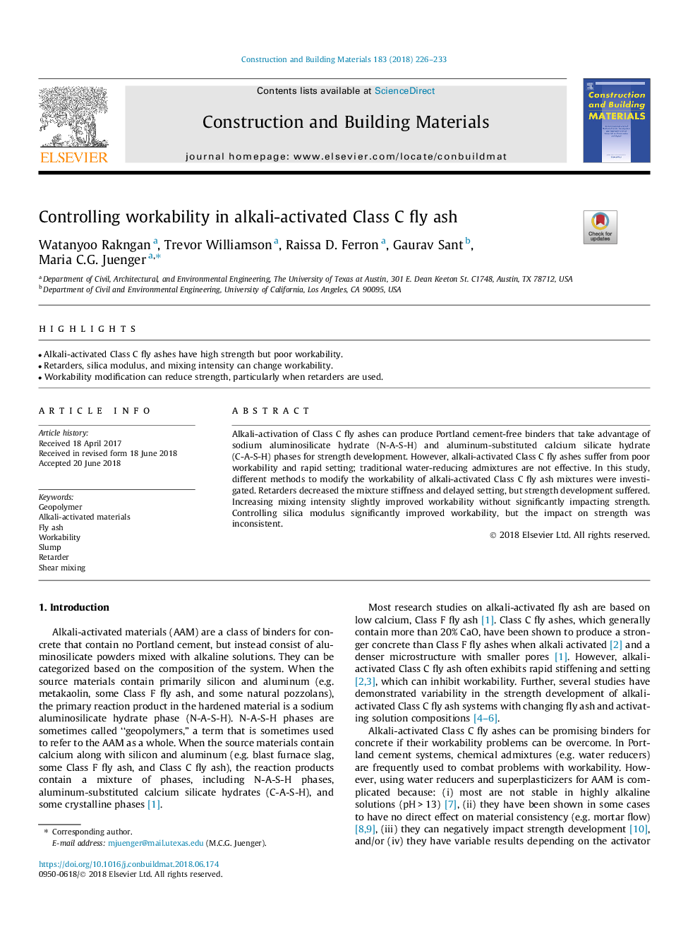 Controlling workability in alkali-activated Class C fly ash