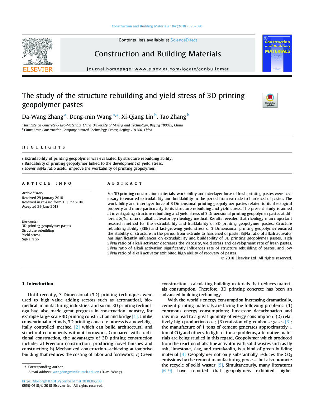 The study of the structure rebuilding and yield stress of 3D printing geopolymer pastes