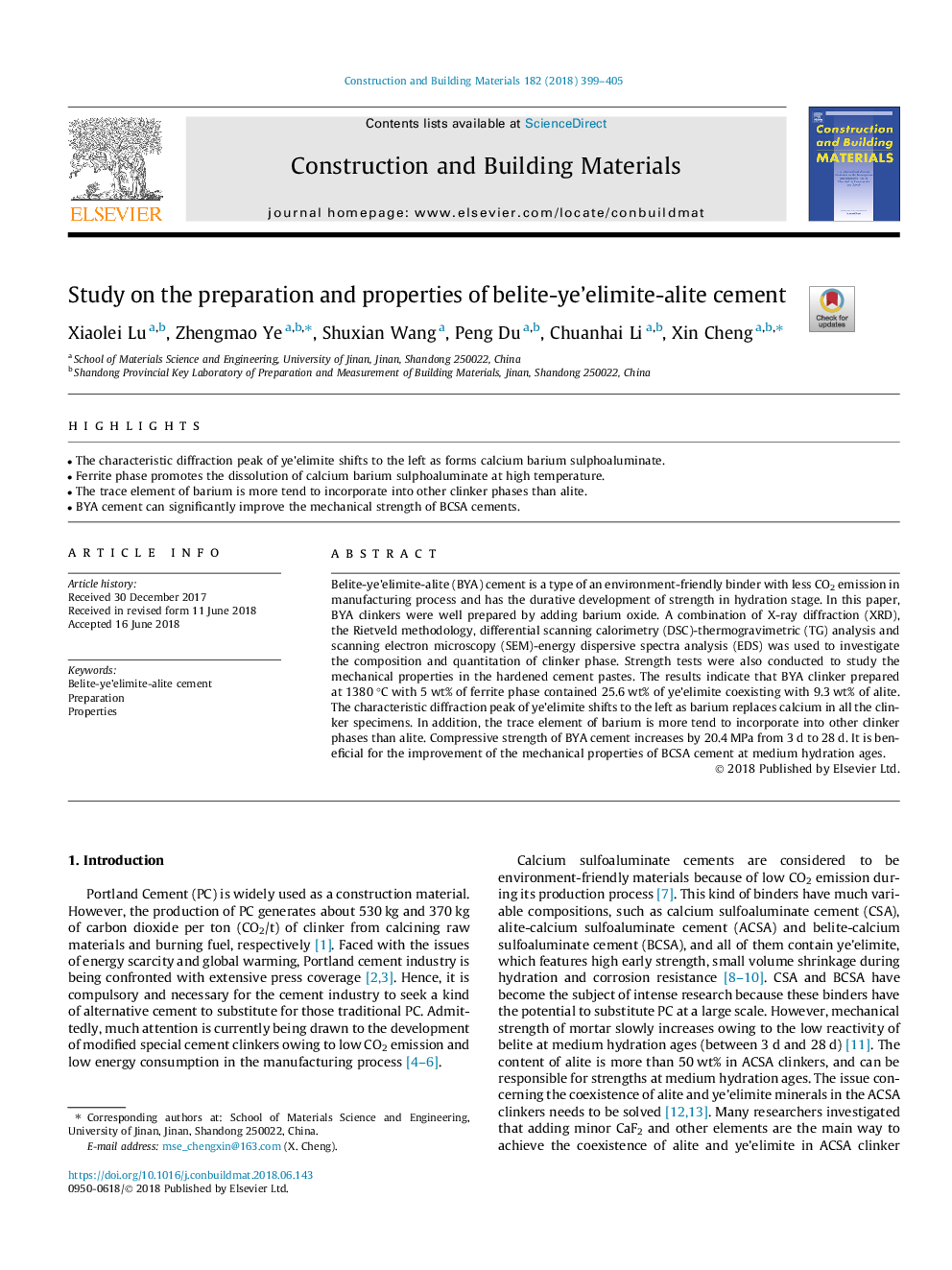 Study on the preparation and properties of belite-ye'elimite-alite cement