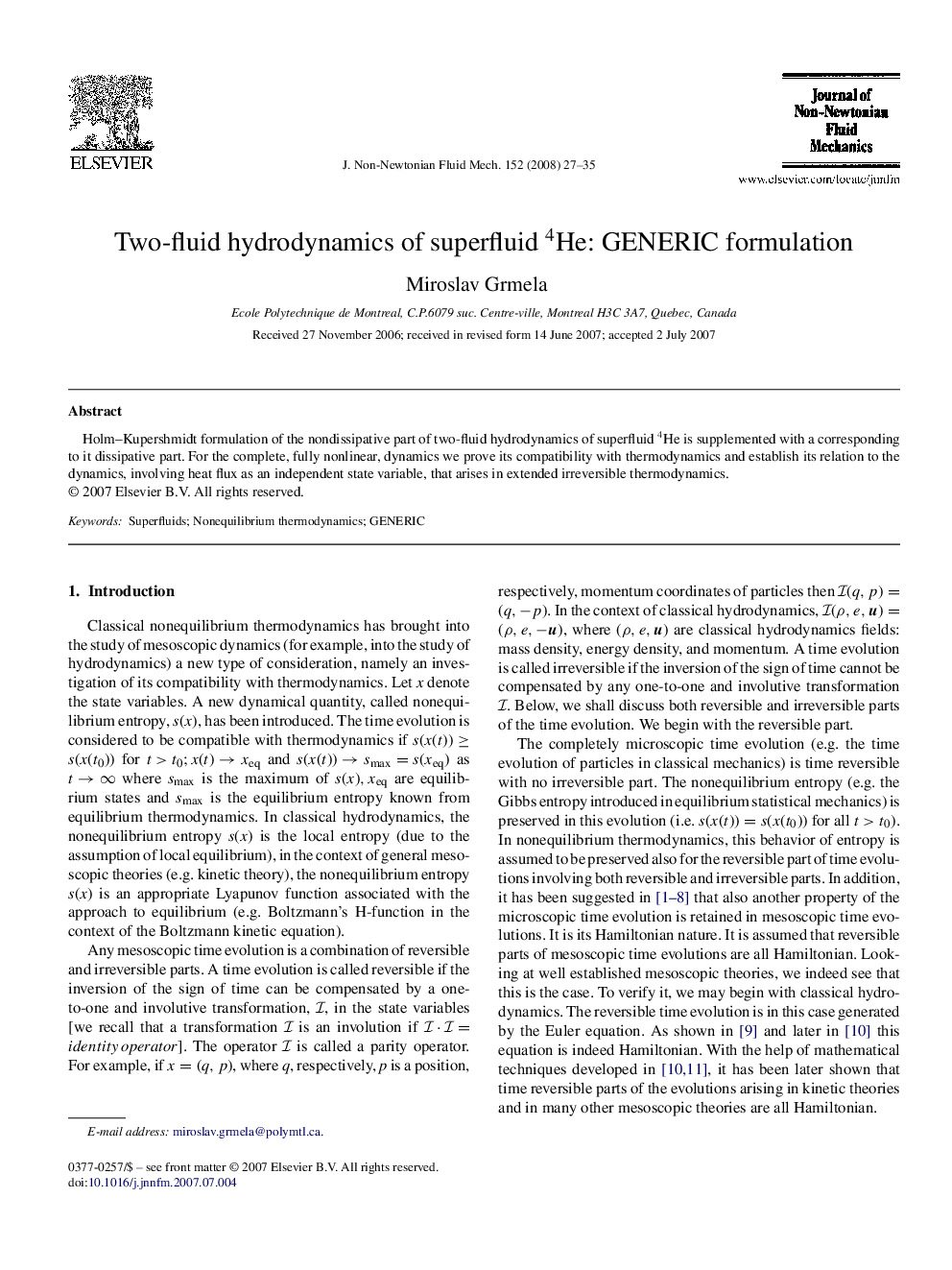 Two-fluid hydrodynamics of superfluid He4: GENERIC formulation