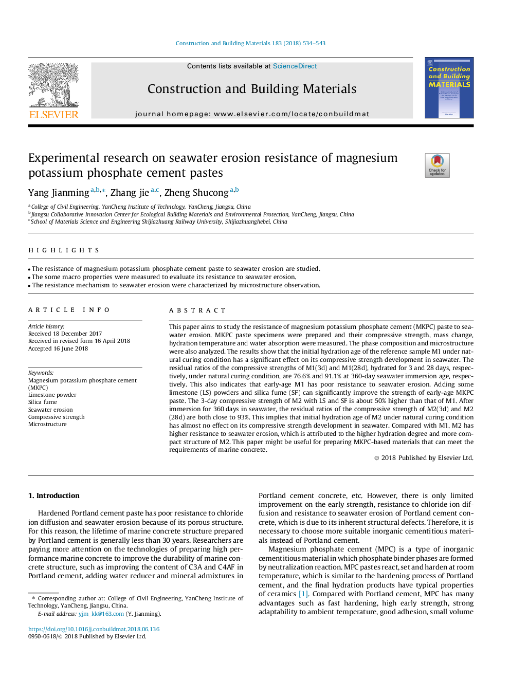 Experimental research on seawater erosion resistance of magnesium potassium phosphate cement pastes