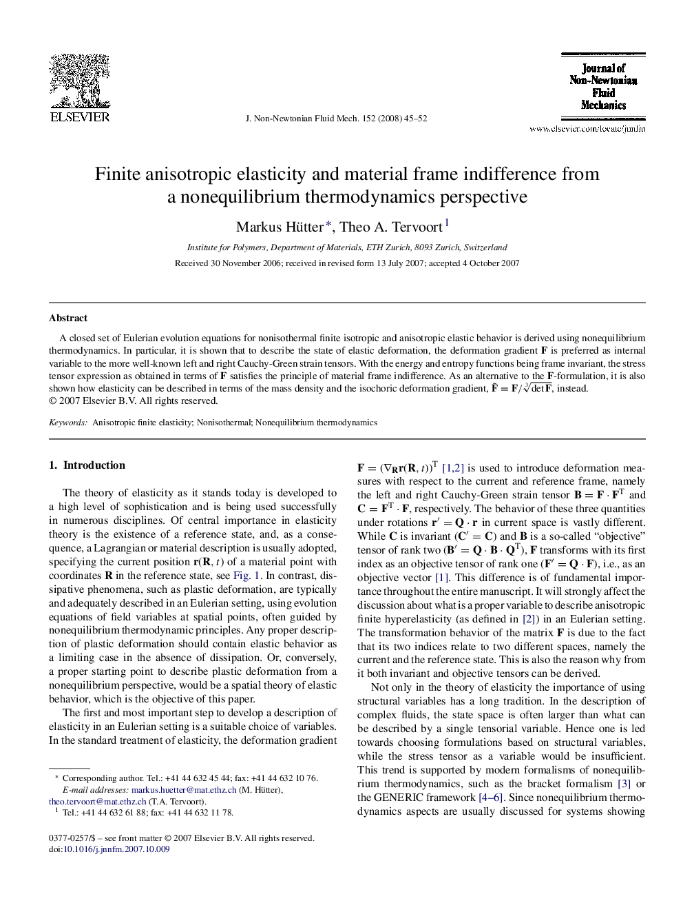 Finite anisotropic elasticity and material frame indifference from a nonequilibrium thermodynamics perspective