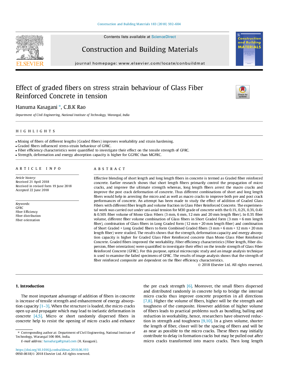 Effect of graded fibers on stress strain behaviour of Glass Fiber Reinforced Concrete in tension