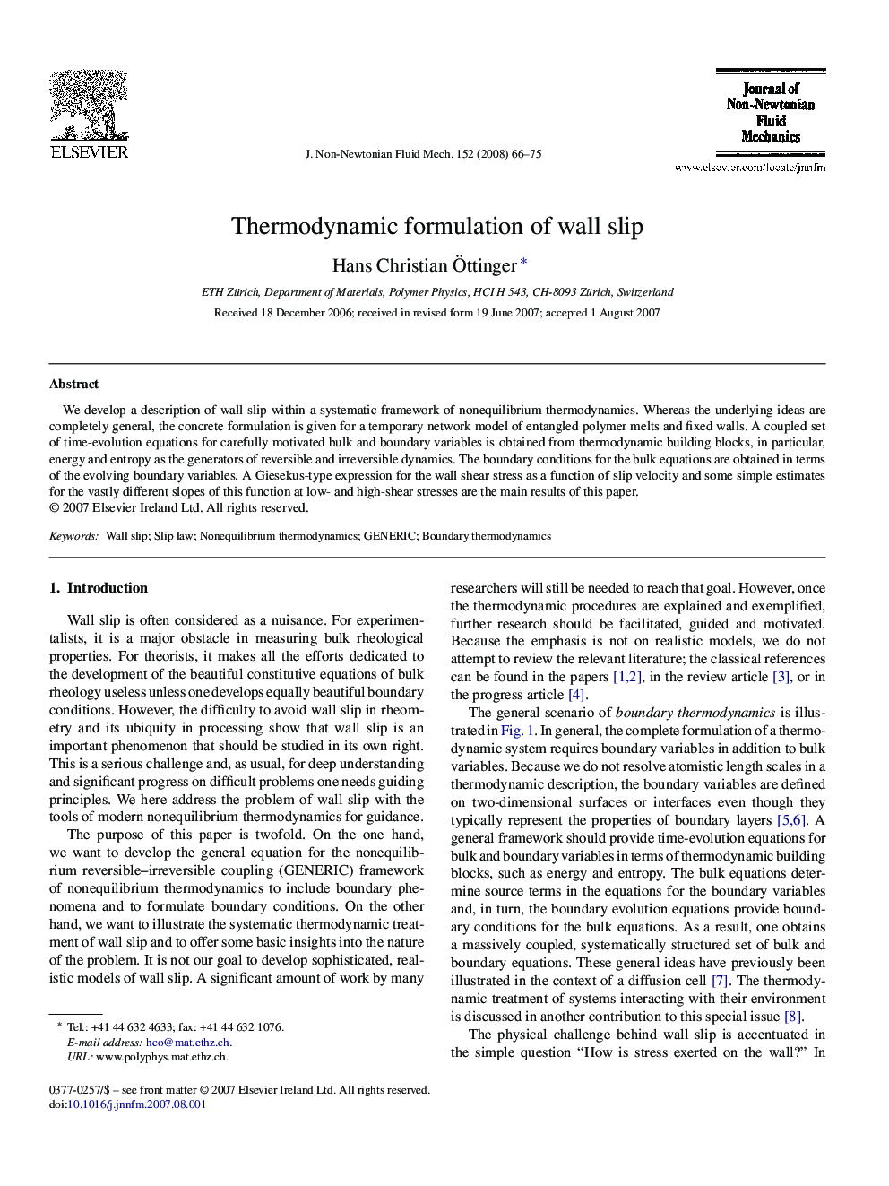 Thermodynamic formulation of wall slip