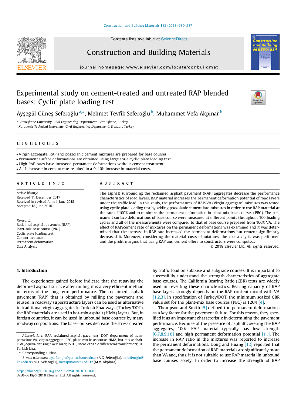 Experimental study on cement-treated and untreated RAP blended bases: Cyclic plate loading test