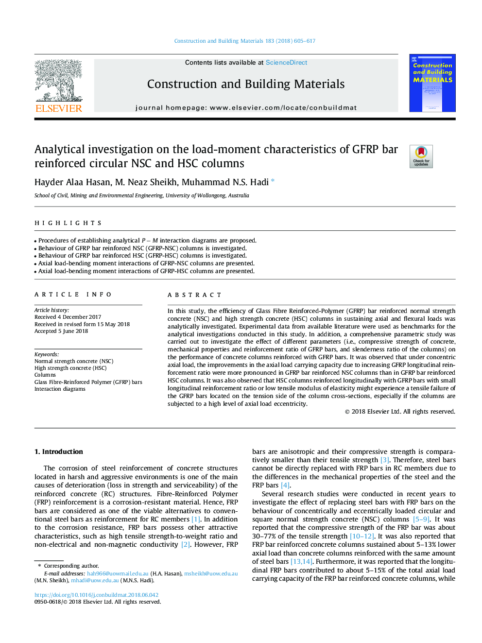 Analytical investigation on the load-moment characteristics of GFRP bar reinforced circular NSC and HSC columns