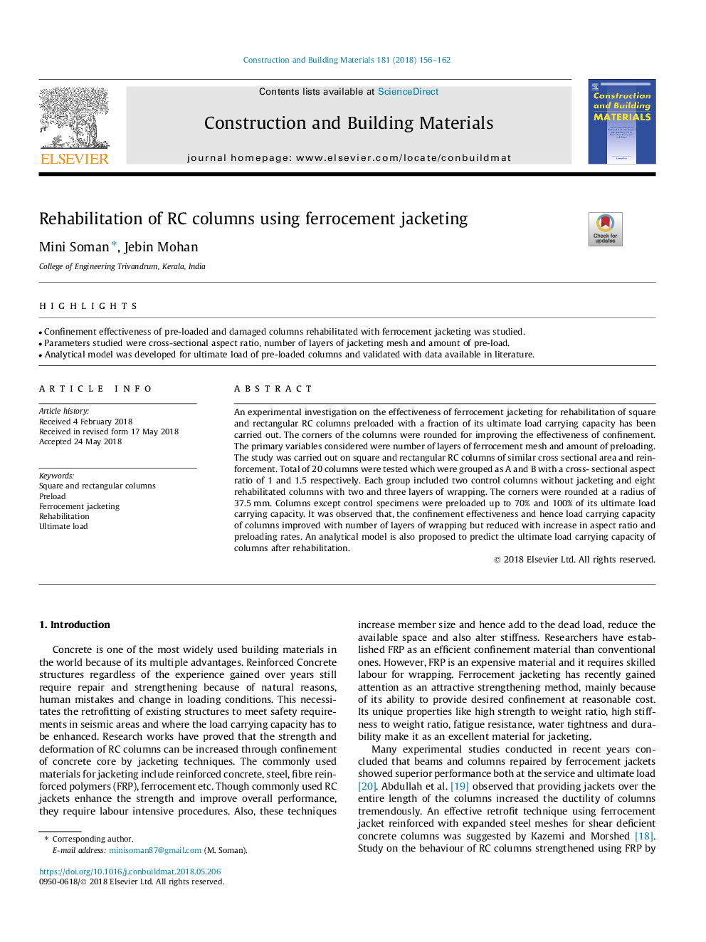 Rehabilitation of RC columns using ferrocement jacketing