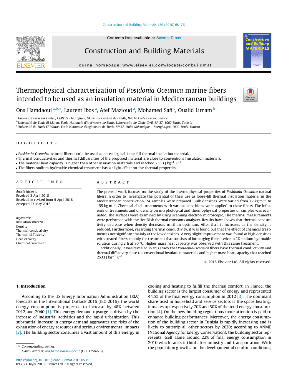 Thermophysical characterization of Posidonia Oceanica marine fibers intended to be used as an insulation material in Mediterranean buildings