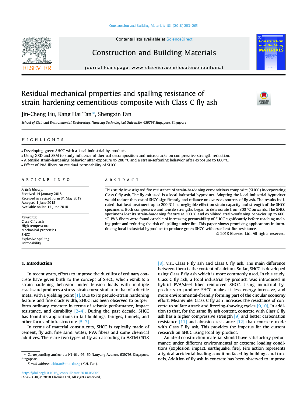 Residual mechanical properties and spalling resistance of strain-hardening cementitious composite with Class C fly ash