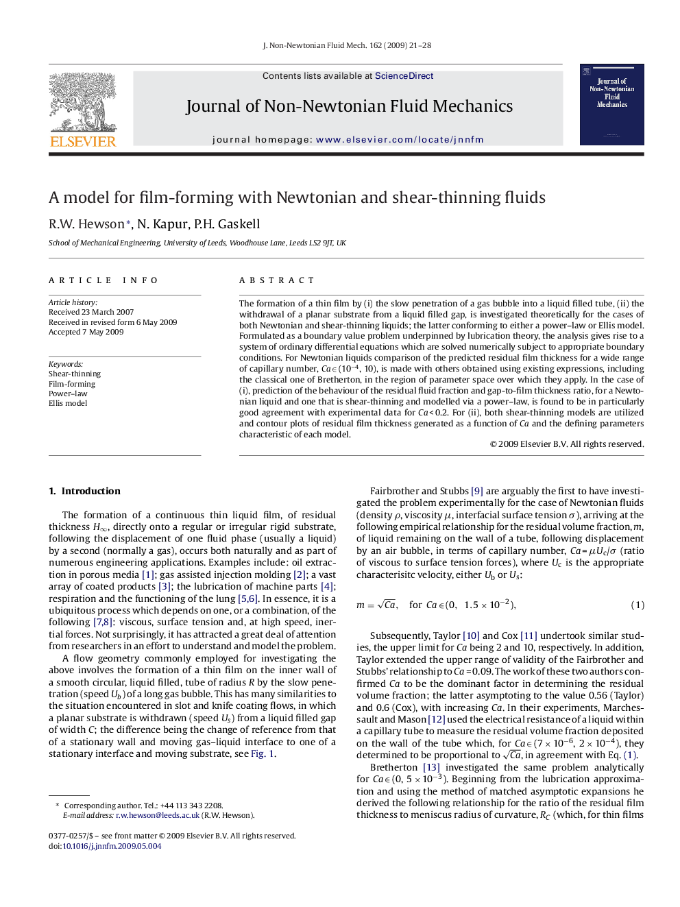 A model for film-forming with Newtonian and shear-thinning fluids