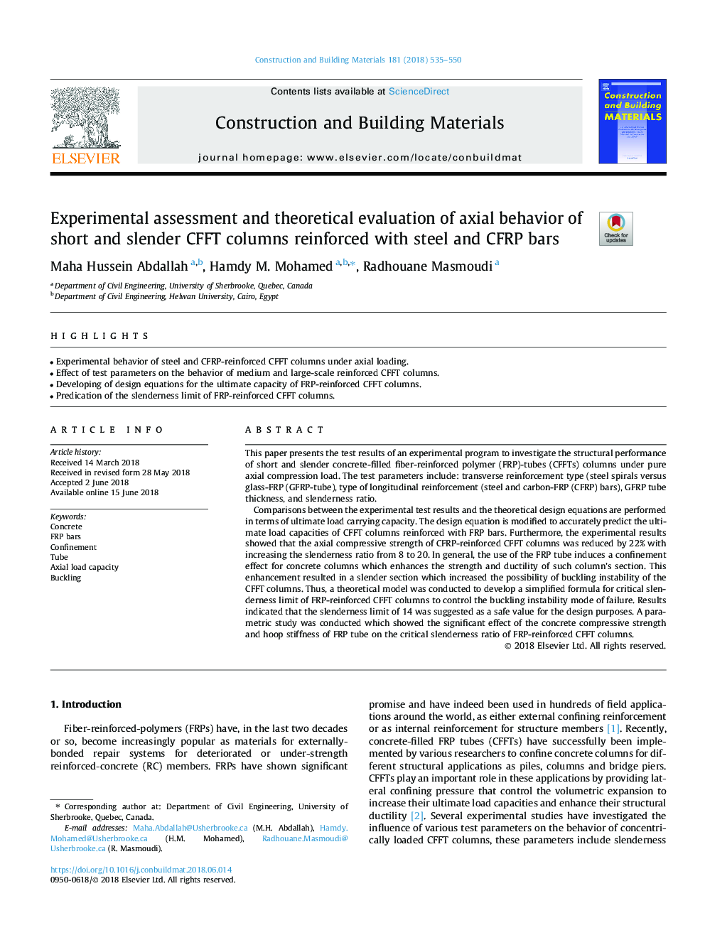 Experimental assessment and theoretical evaluation of axial behavior of short and slender CFFT columns reinforced with steel and CFRP bars