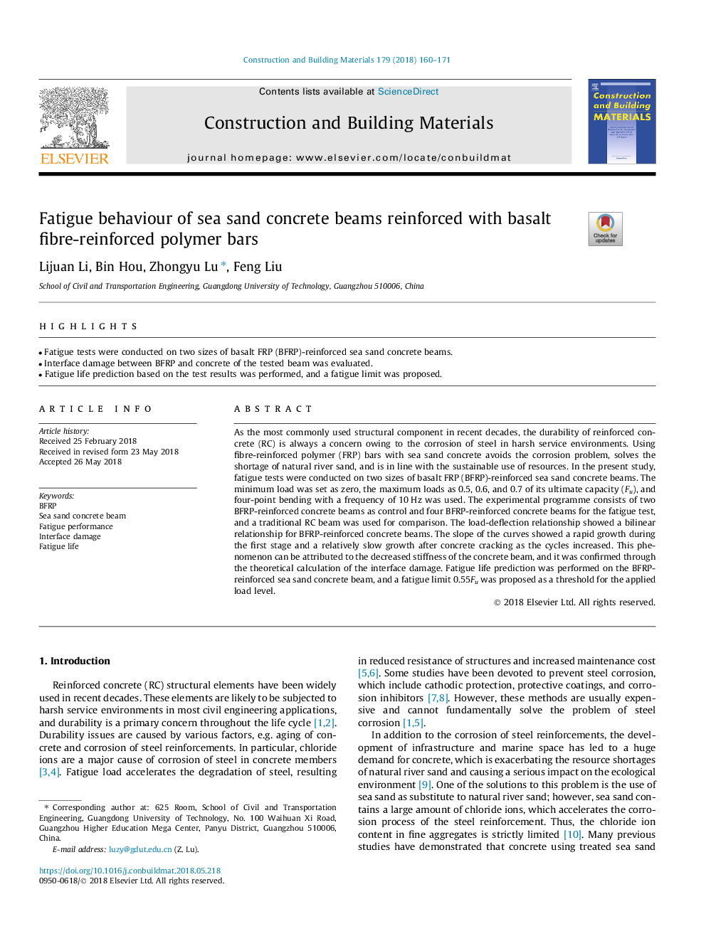 Fatigue behaviour of sea sand concrete beams reinforced with basalt fibre-reinforced polymer bars