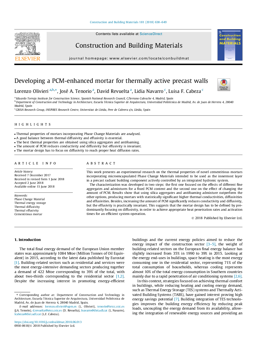 Developing a PCM-enhanced mortar for thermally active precast walls