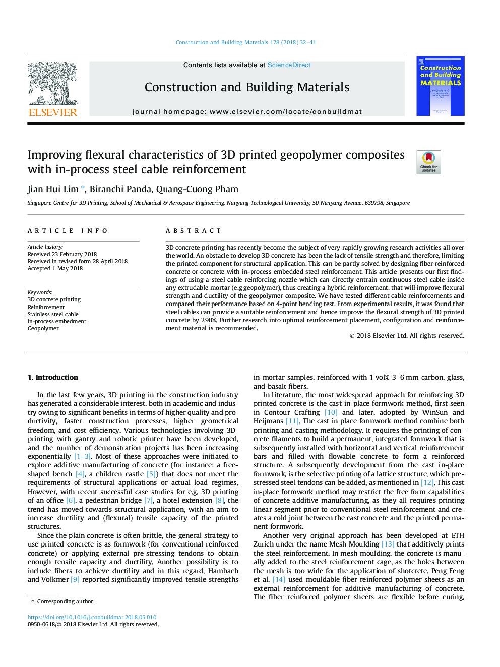 Improving flexural characteristics of 3D printed geopolymer composites with in-process steel cable reinforcement