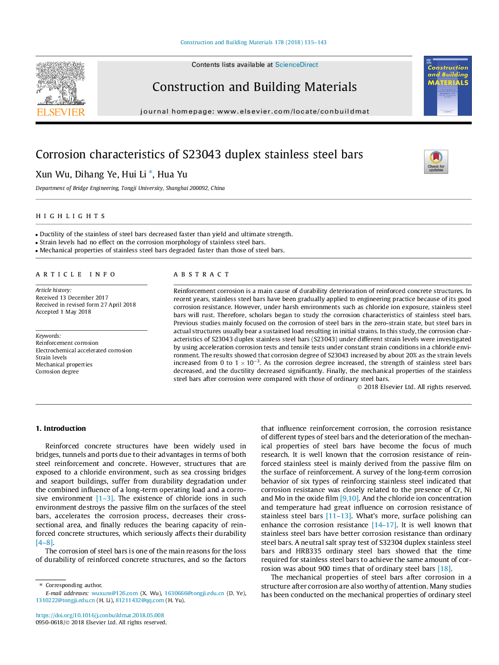 Corrosion characteristics of S23043 duplex stainless steel bars