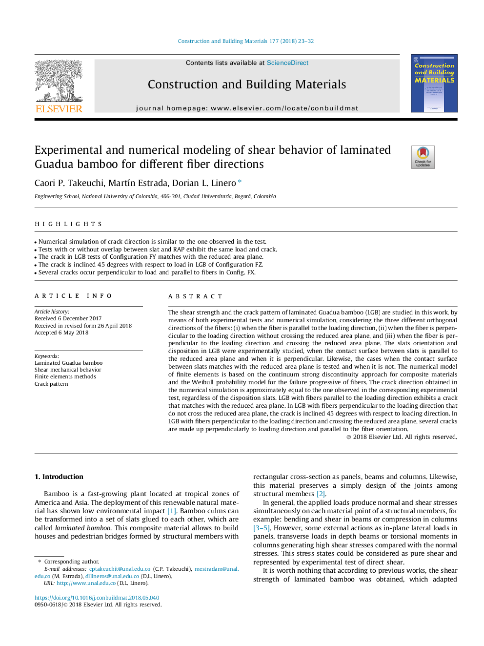 Experimental and numerical modeling of shear behavior of laminated Guadua bamboo for different fiber directions