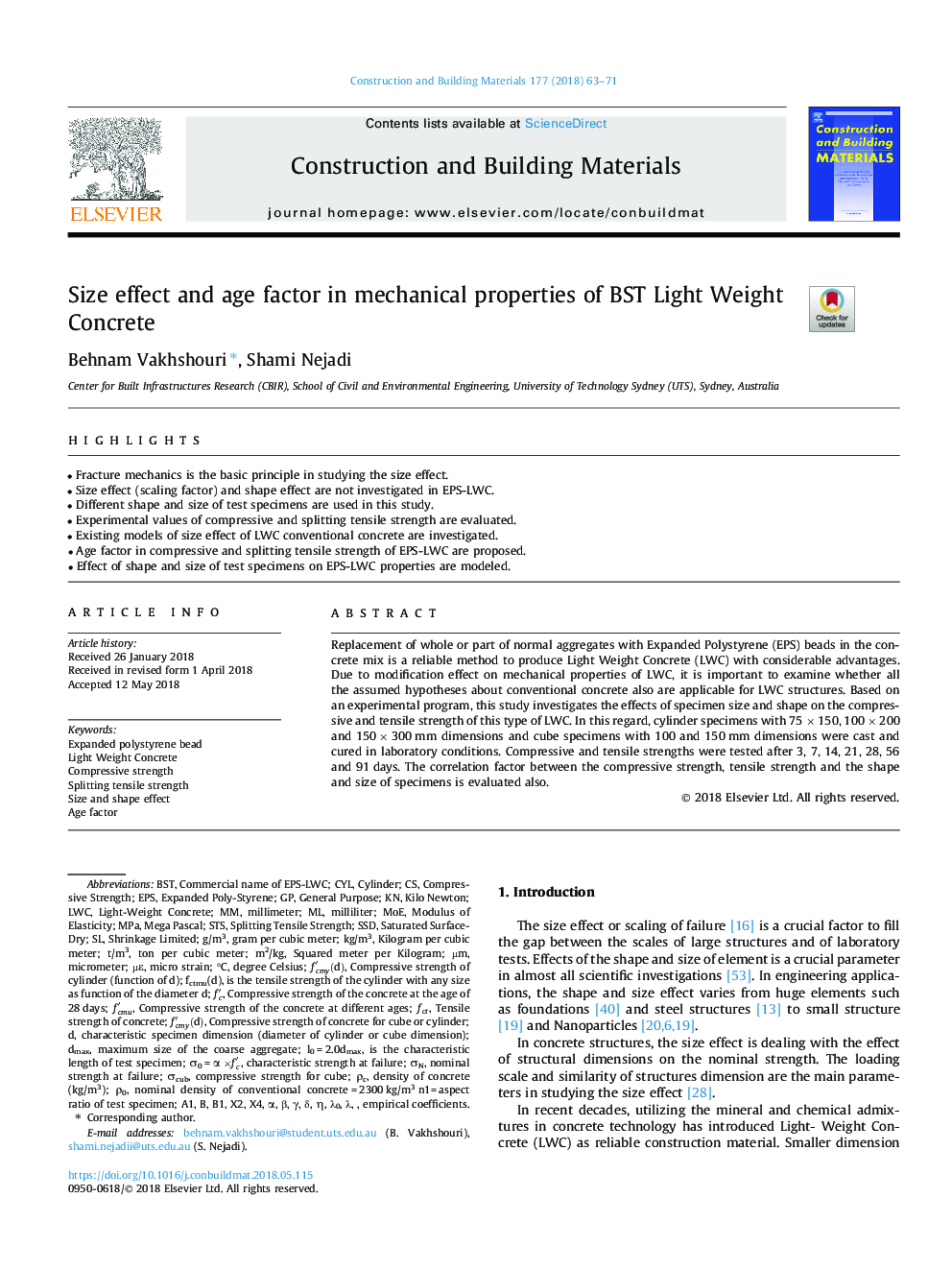 Size effect and age factor in mechanical properties of BST Light Weight Concrete