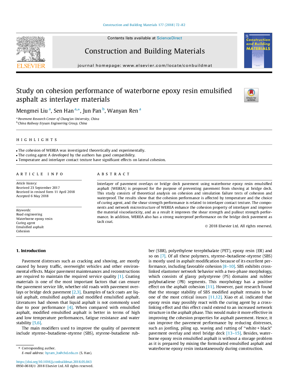 Study on cohesion performance of waterborne epoxy resin emulsified asphalt as interlayer materials